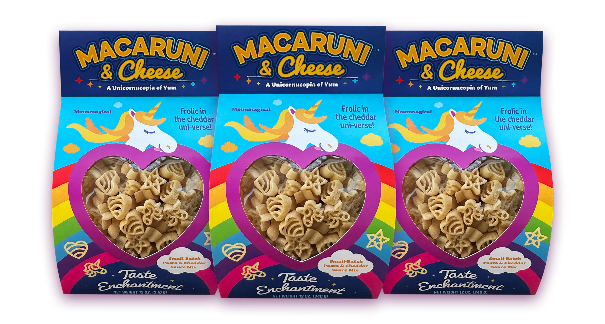 Macaruni & Cheese - A Unicornucopia of Yum - Mmmmagical - Frolic in the cheddar uni-verse - Samll-Batch Pasta & Cheddar Sauce Mix - Taste Enchantment - Net Weight 12oz - 3 packages of product with Unicorns, rainbow, heart and star